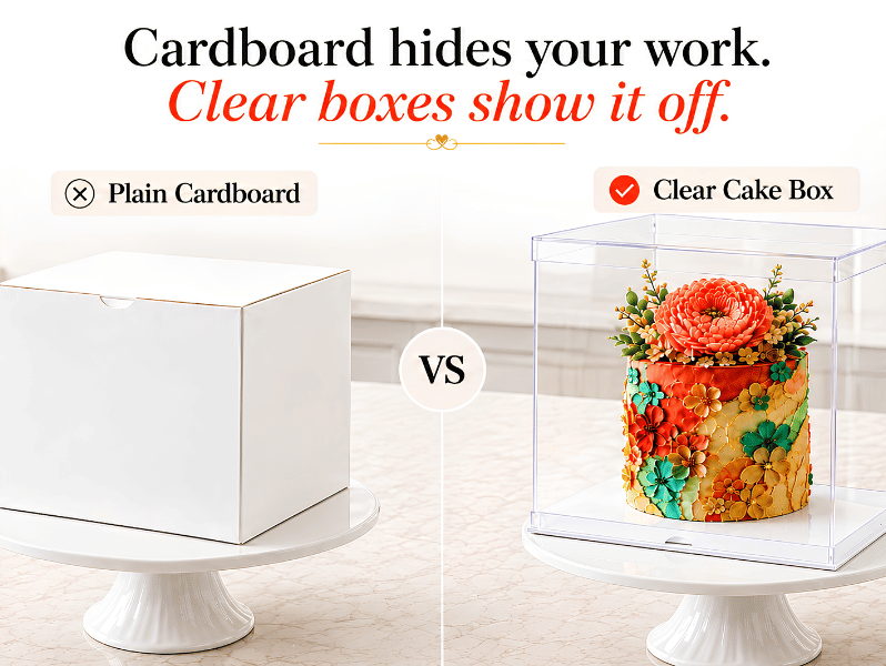Plain cardboard box compared with a clear cake box displaying a colorful floral cake.