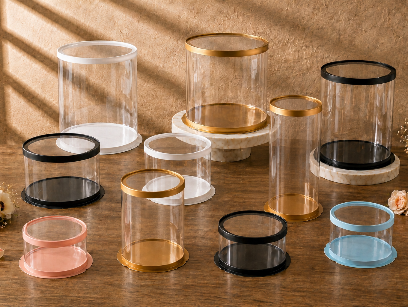 Collection of tall round clear cake boxes with gold, black, white, pink, and blue lids and matching bases in a warm bakery display.