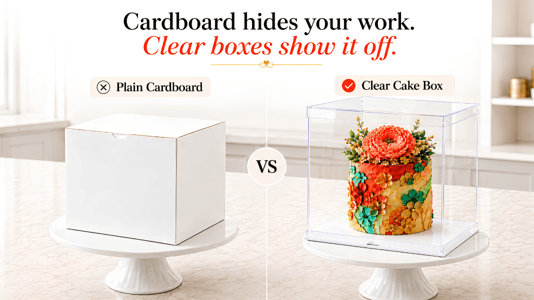 Plain cardboard box compared with a clear cake box displaying a colorful floral cake.