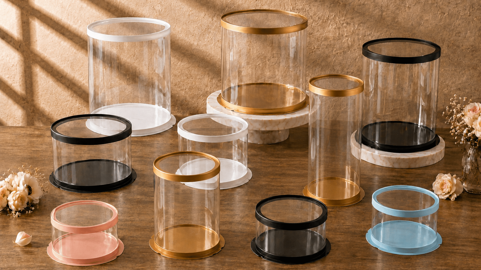Collection of tall round clear cake boxes with gold, black, white, pink, and blue lids and matching bases in a warm bakery display.