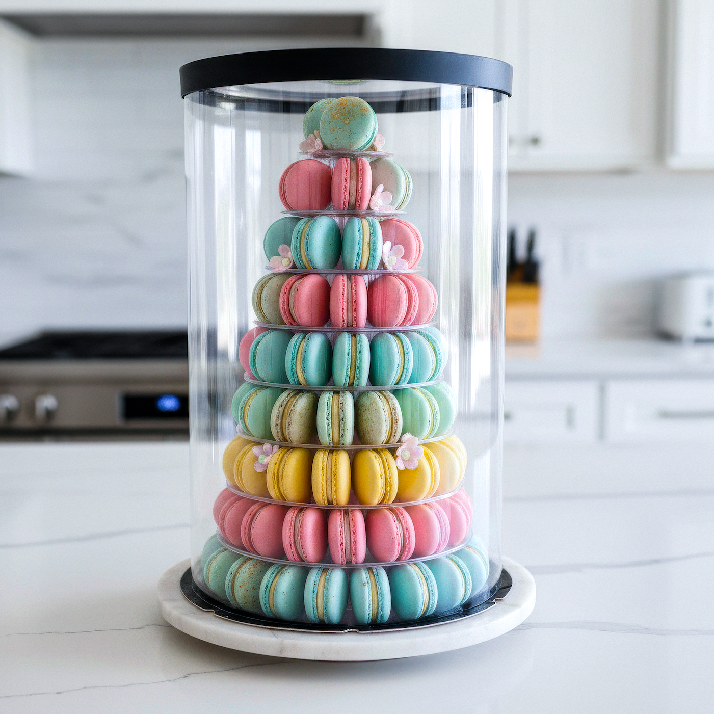 Stack of colorful macarons in a transparent container on a kitchen counter.