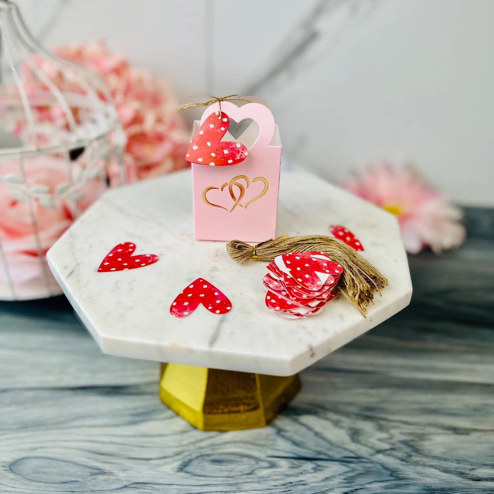 50 PCs Pink Double Hearts Favor Boxes With Tags -