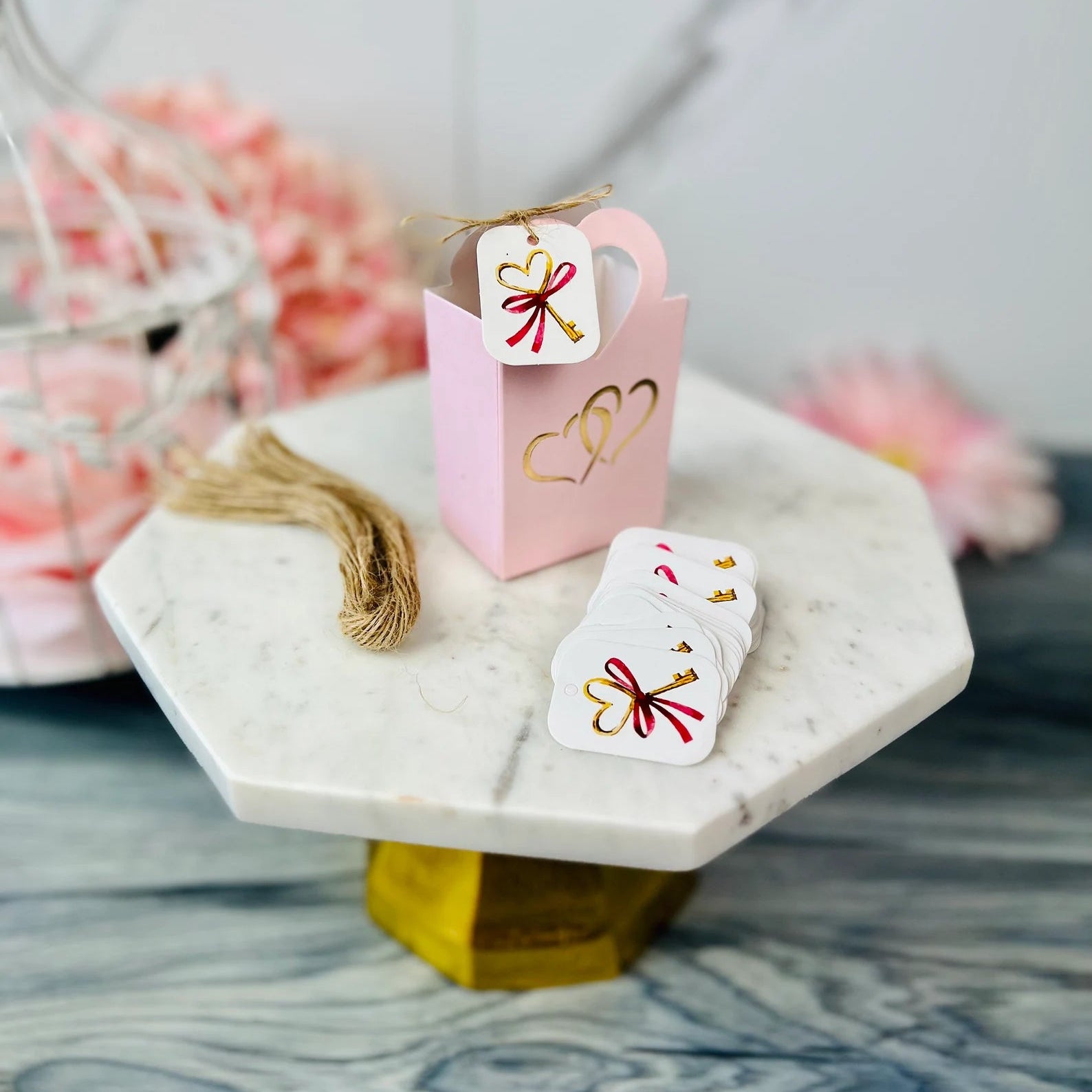 50 PCs Pink Double Hearts Favor Boxes With Tags -