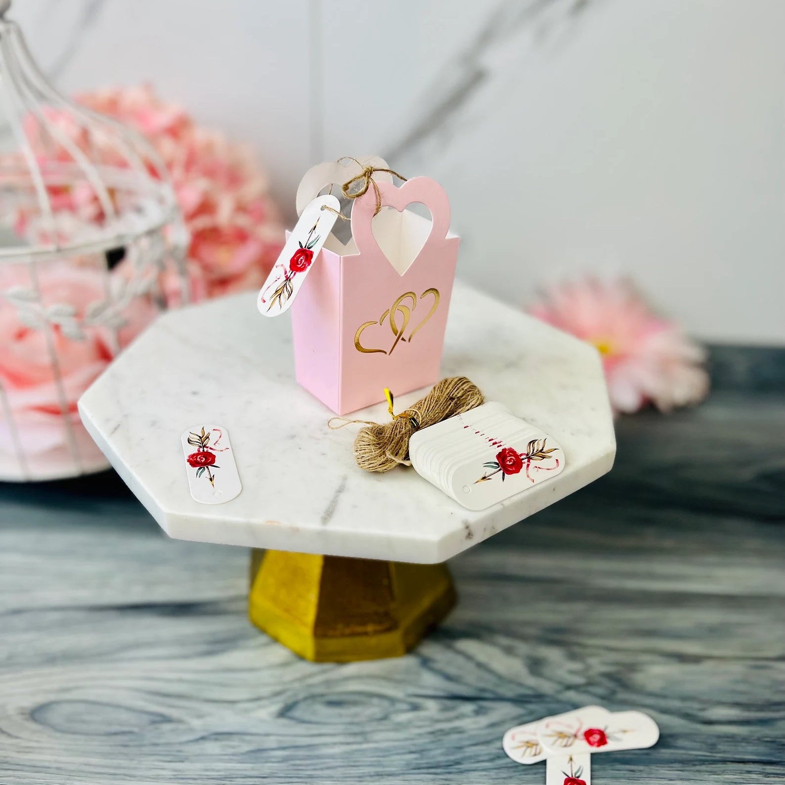 50 PCs Pink Double Hearts Favor Boxes With Tags -