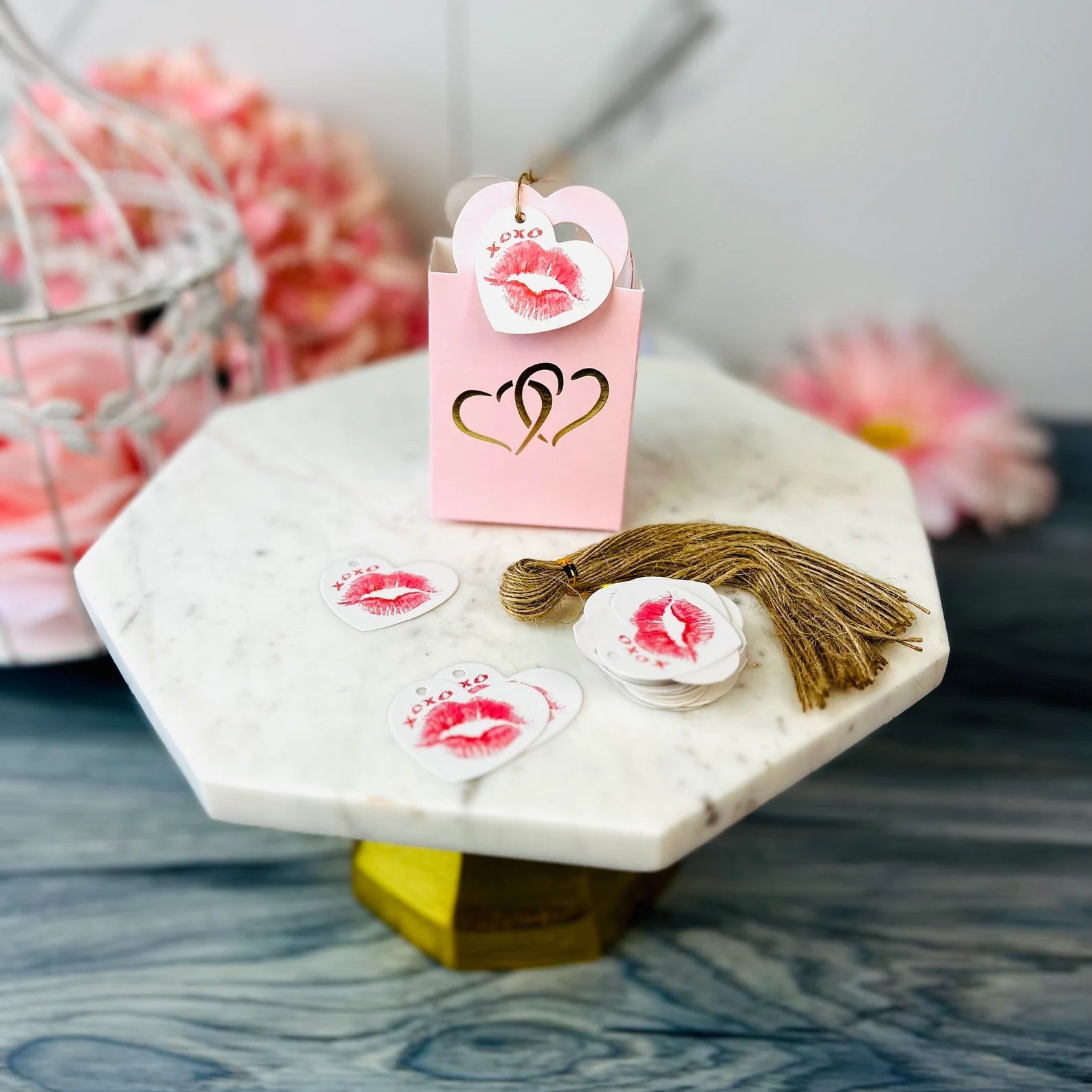 50 PCs Pink Double Hearts Favor Boxes With Tags -