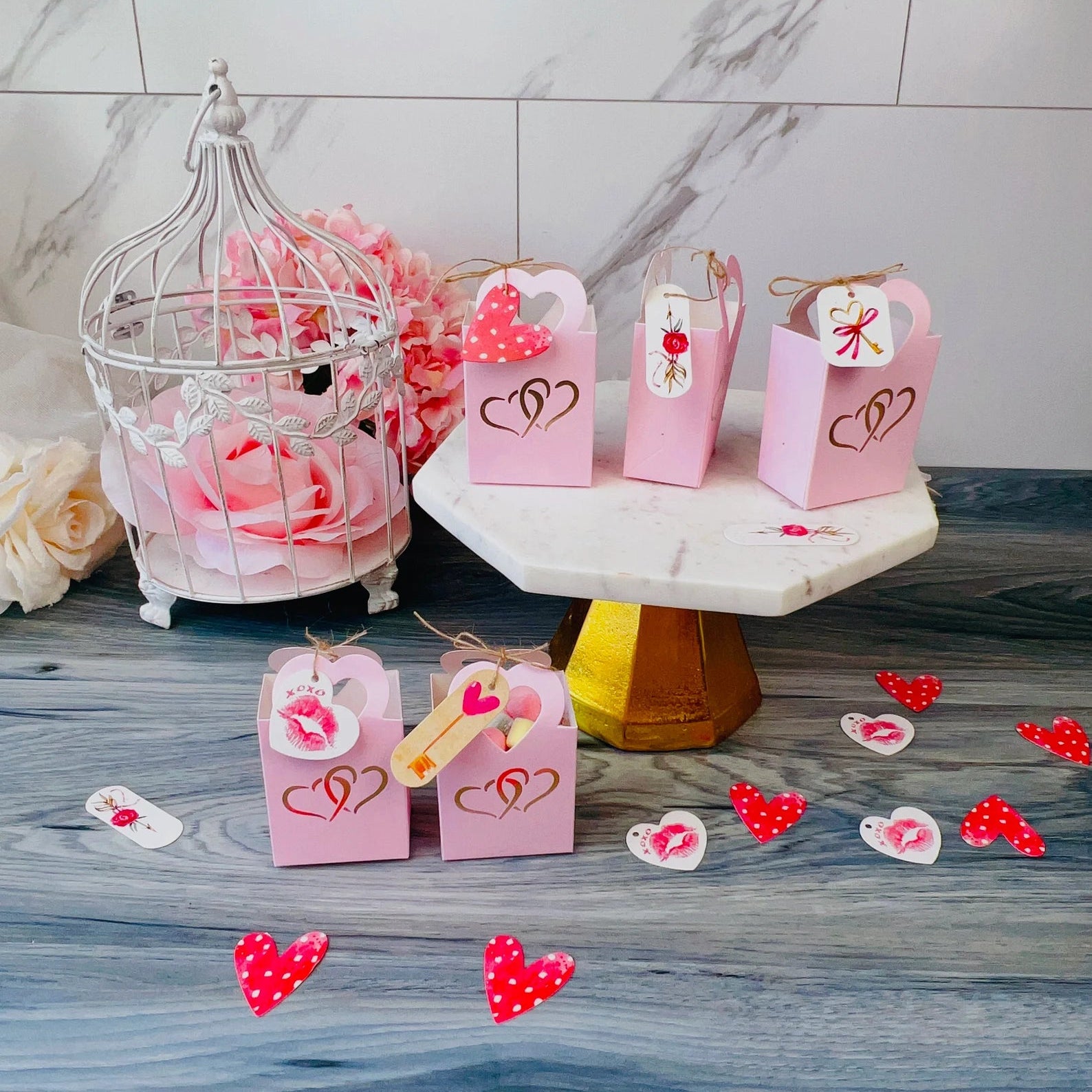 50 PCs Pink Double Hearts Favor Boxes With Tags -