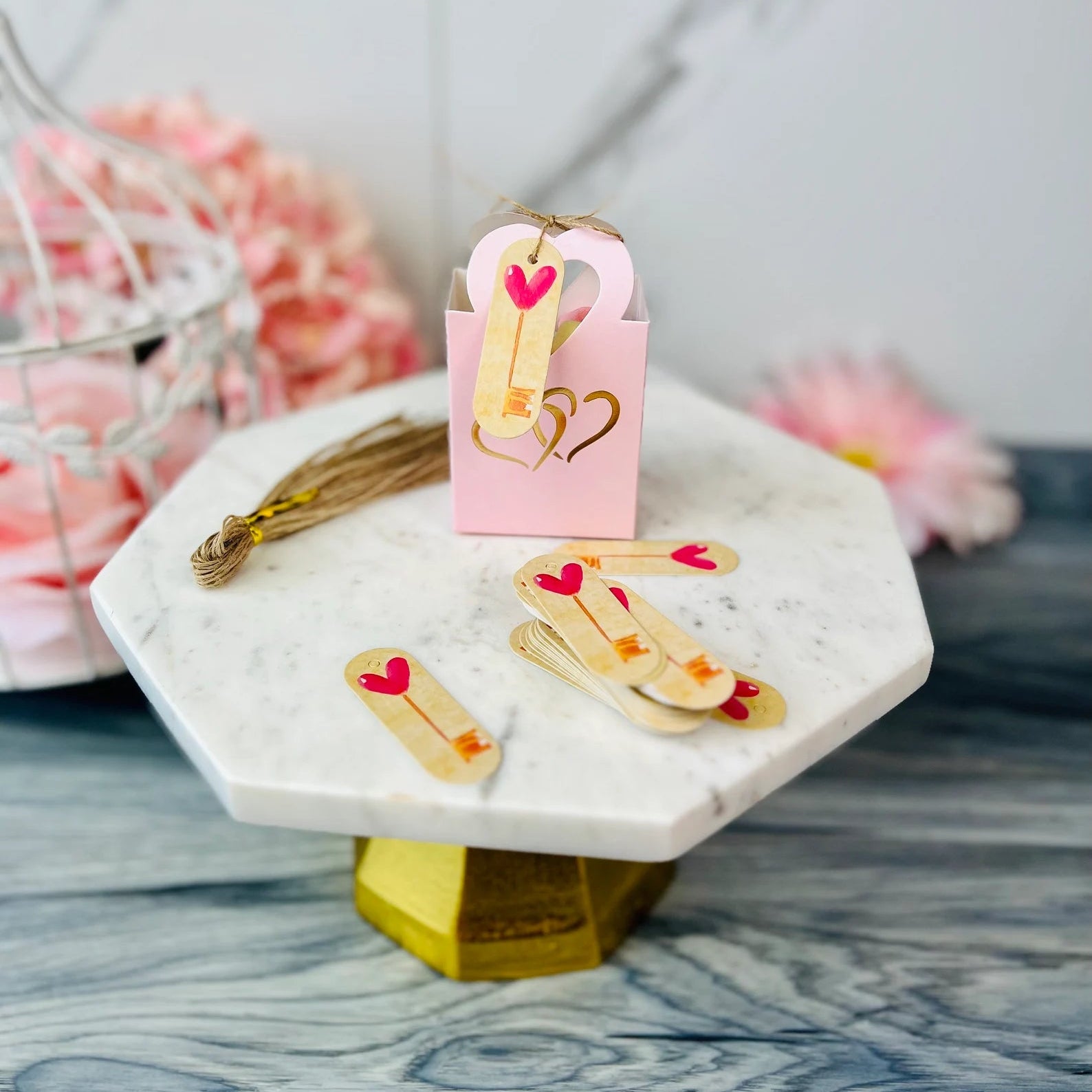 50 PCs Pink Double Hearts Favor Boxes With Tags -