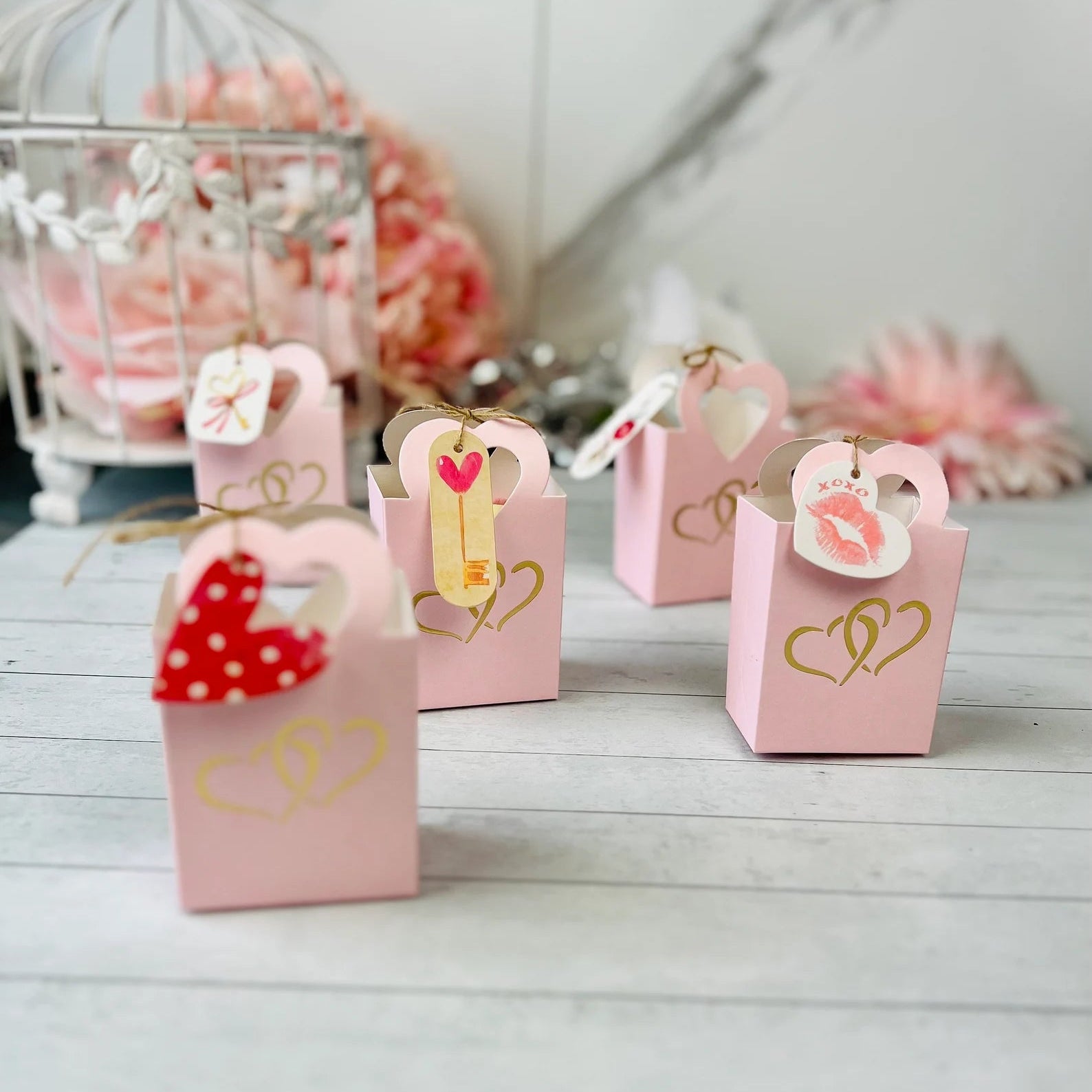 50 PCs Pink Double Hearts Favor Boxes With Tags -