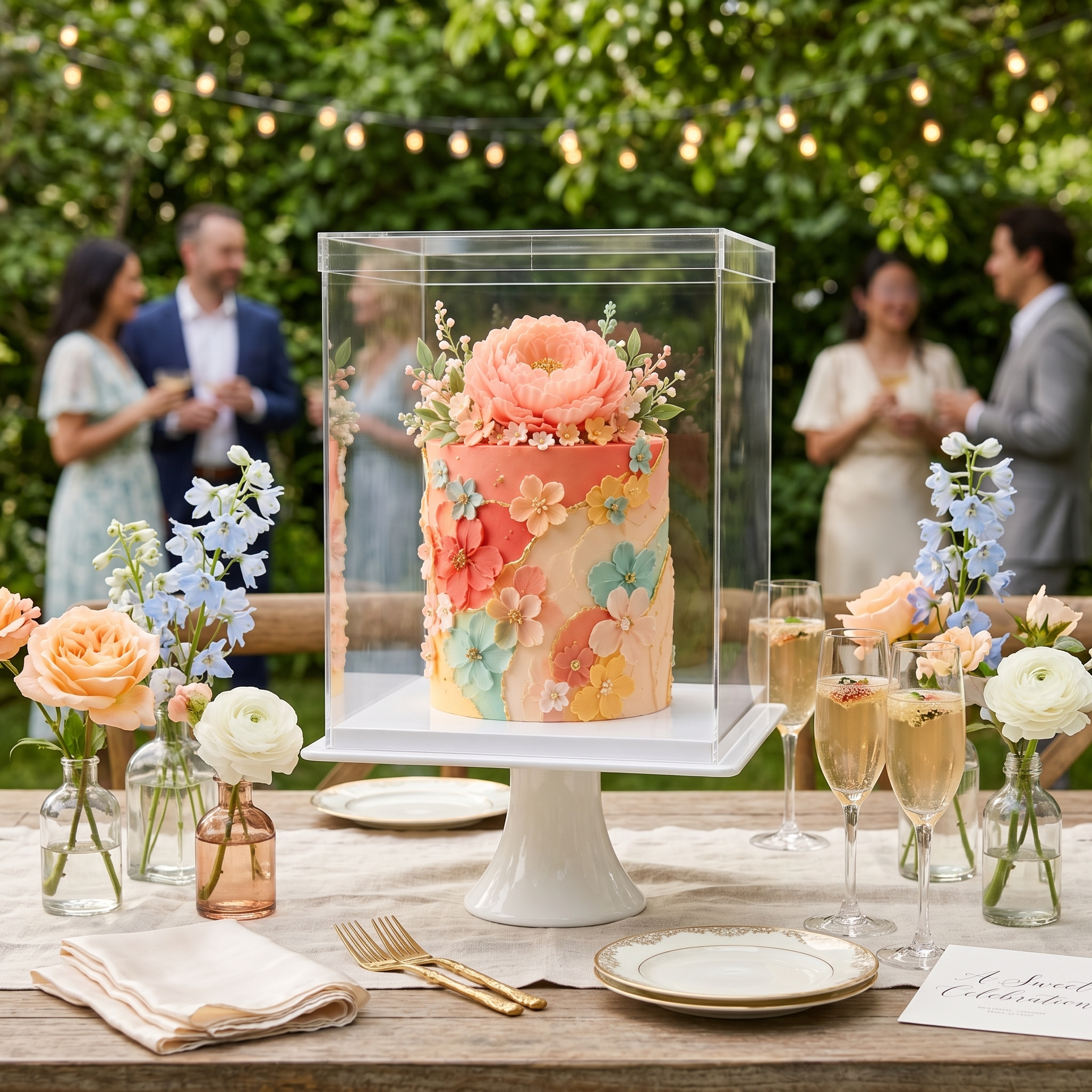 Decorative cake with floral decorations on a wooden table outdoors with people in the background.