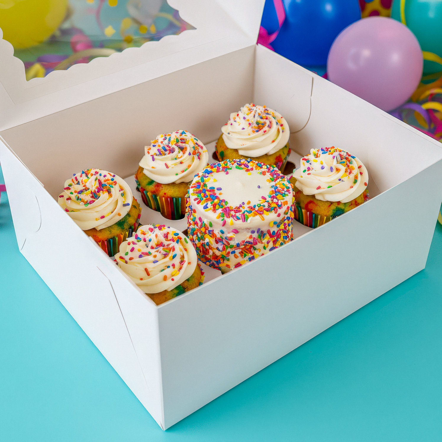 Cake and Cupcake Bento Box with Clear Lid - 1 Cake & 5 Cupcakes - cakecupake5 Cupcake boxes