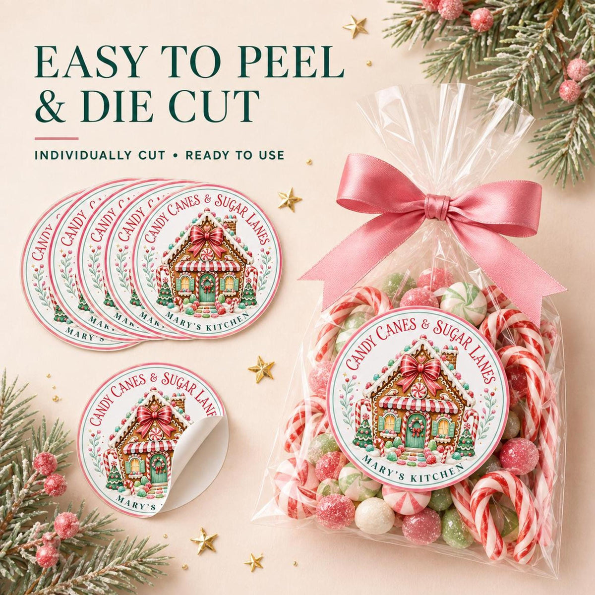 Personalized Christmas Bakery Labels, Round Holiday Treat Packaging Stickers, Custom Cookie Box Seals, Matte or Glossy