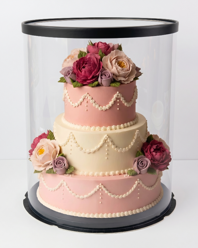 Two-tiered pink cake with floral decorations inside a clear cylindrical display case on a white background.