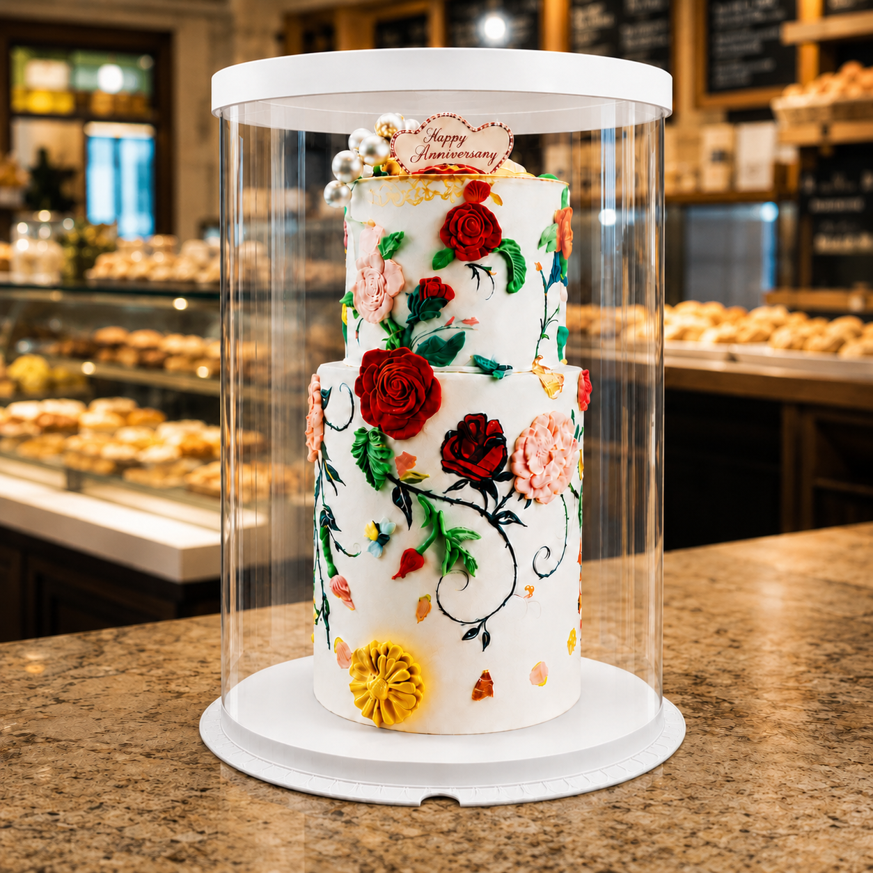 Decorative cake with floral designs in a clear display case on a bakery counter.