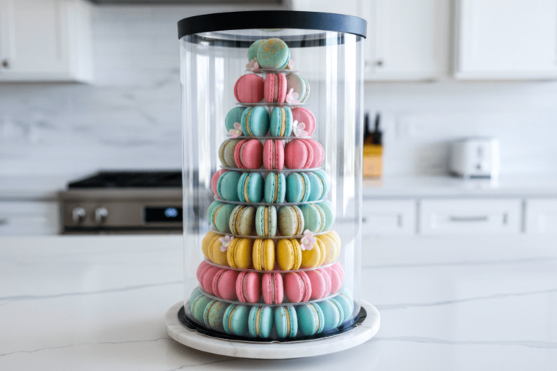 Stack of colorful macarons in a transparent container on a kitchen counter.