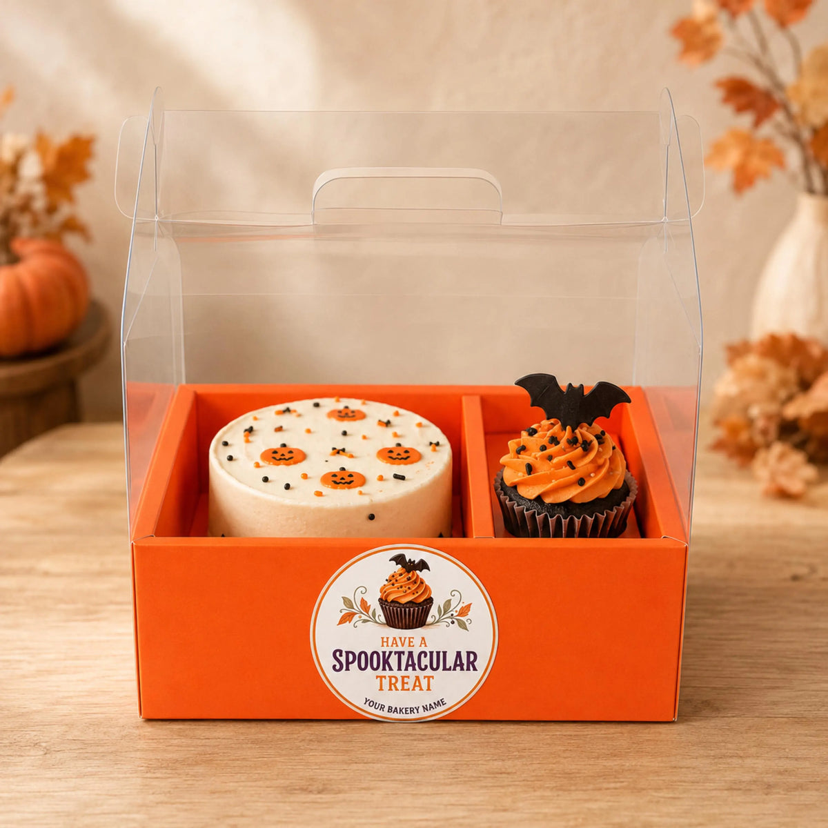 An orange bakery gift box with a clear hinged lid containing a round decorated cake and a frosted cupcake, displayed on a wooden table with autumn decor in the background.