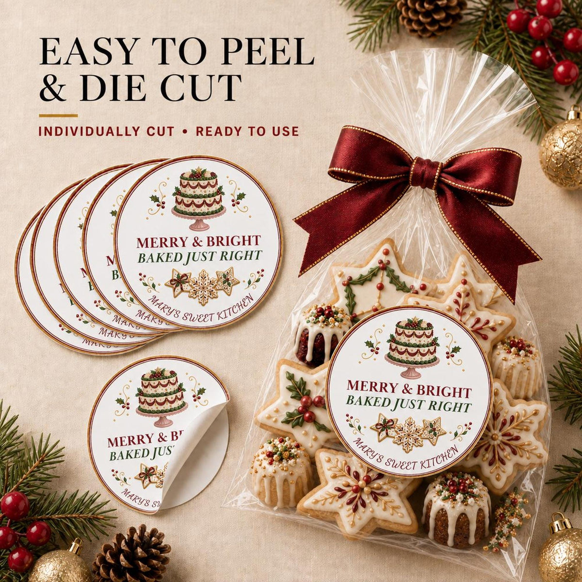 Cookie Box Label, Merry & Bright Christmas Design, Personalized Bakery Packaging Sticker, Festive Homemade Treat Seal