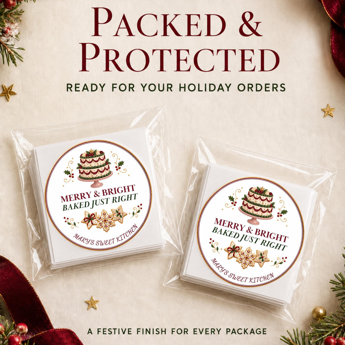 Cookie Box Label, Merry & Bright Christmas Design, Personalized Bakery Packaging Sticker, Festive Homemade Treat Seal