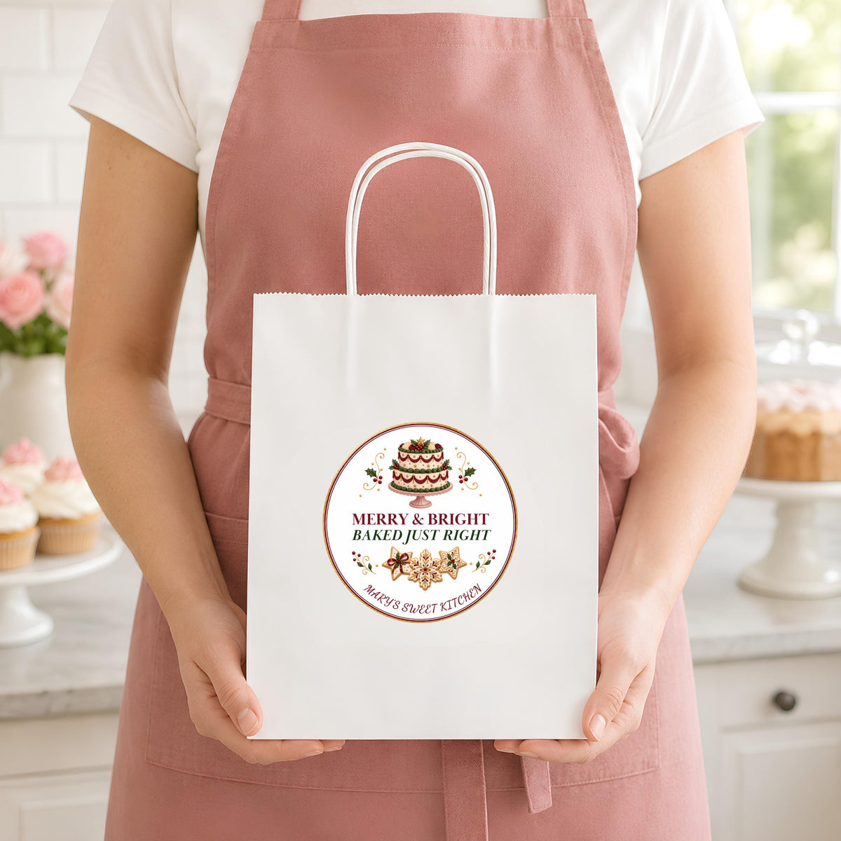 Cookie Box Label, Merry & Bright Christmas Design, Personalized Bakery Packaging Sticker, Festive Homemade Treat Seal