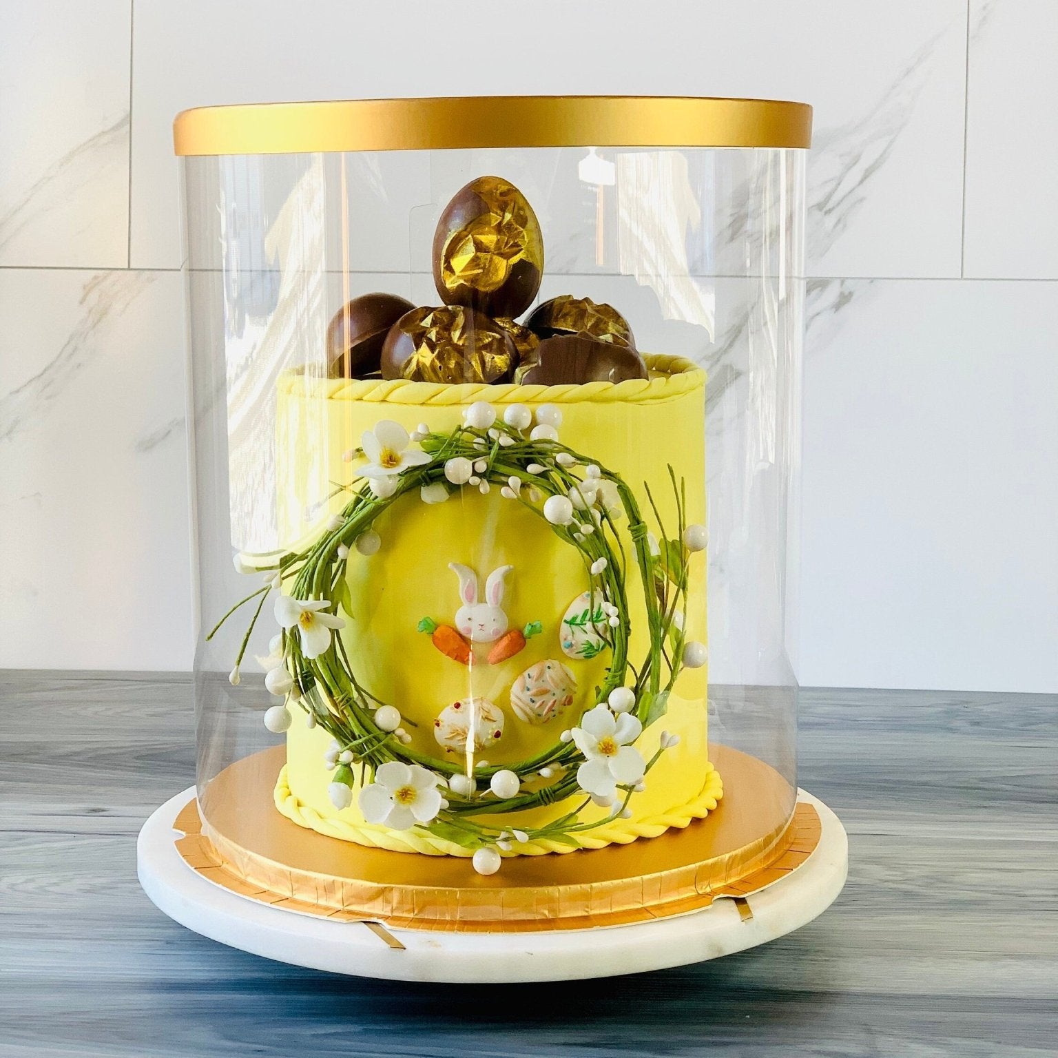 Large Round Tall Gold Clear Cake Box - 11.75" D x 13.5" H - Clear Cake Boxes for Tiered Cakes - Gold Clear Gift Box - Round cake box
