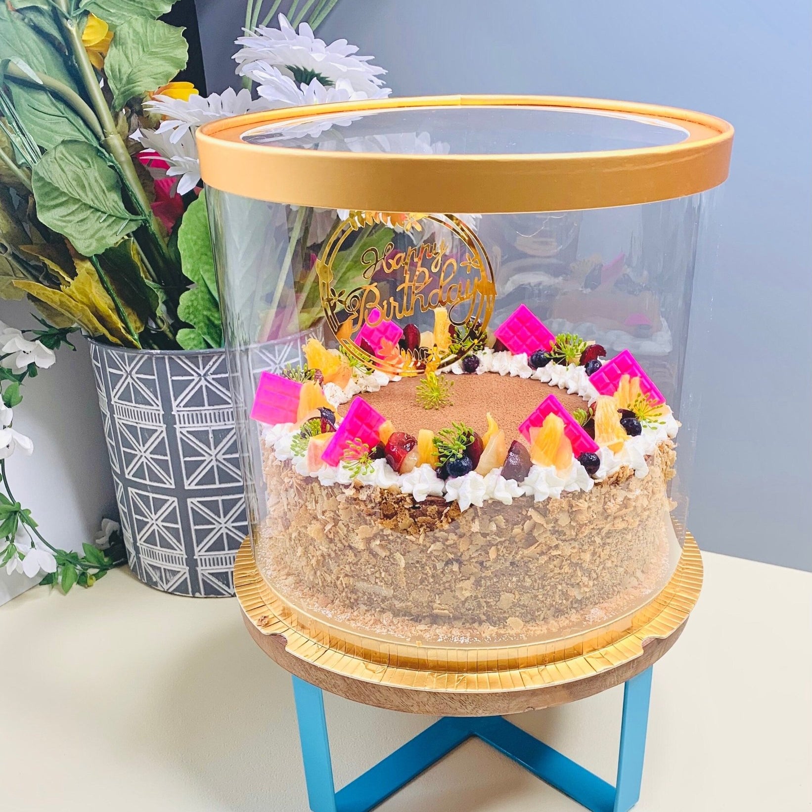 Large Round Tall Gold Clear Cake Box - 11.75" D x 13.5" H - Clear Cake Boxes for Tiered Cakes - Gold Clear Gift Box - Round cake box