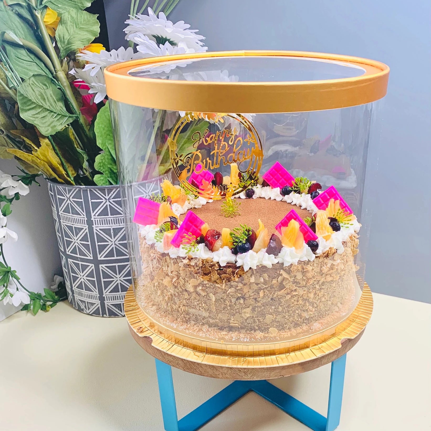 Large Round Tall Gold Clear Cake Box - 11.75" D x 13.5" H - Clear Cake Boxes for Tiered Cakes - Gold Clear Gift Box - Round cake box