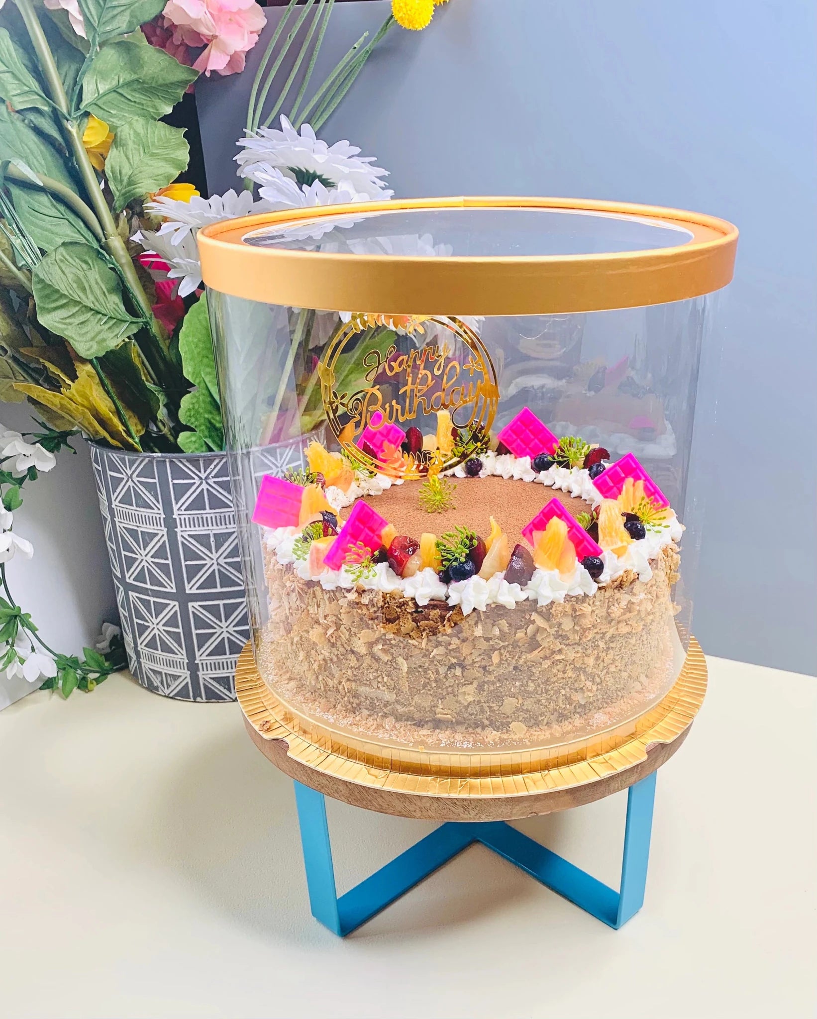 Large Round Tall Gold Clear Cake Box - 11.75" D x 13.5" H - Clear Cake Boxes for Tiered Cakes - Gold Clear Gift Box