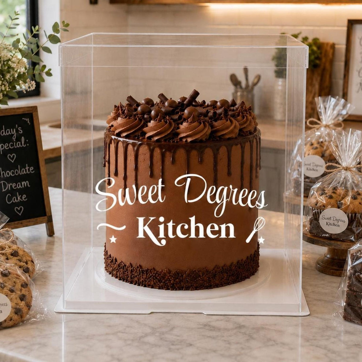 Personalized Bakery Cake Box, Custom Clear Cake Display Box, Branded Cake Delivery Packaging for Cottage Bakers 14x14x16
