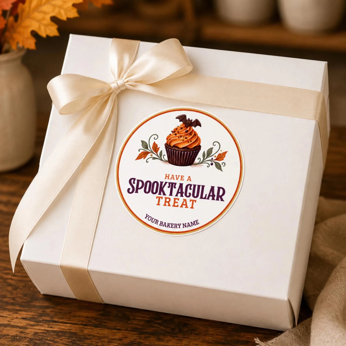 A white bakery gift box tied with a cream satin ribbon, featuring a circular label that reads 'HAVE A SPOOKTACULAR TREAT' with a cupcake illustration. The box sits on a wooden table with autumn leaves and a beige cloth in the background.