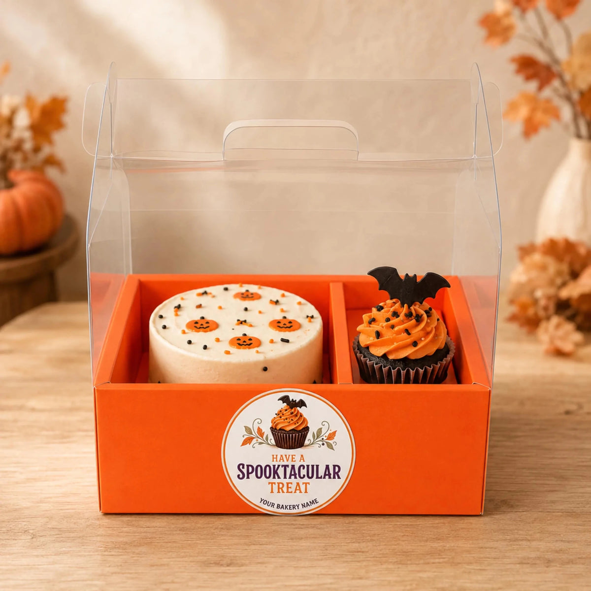 An orange bakery gift box with a clear hinged lid containing a round decorated cake and a frosted cupcake, displayed on a wooden table with autumn decor in the background.