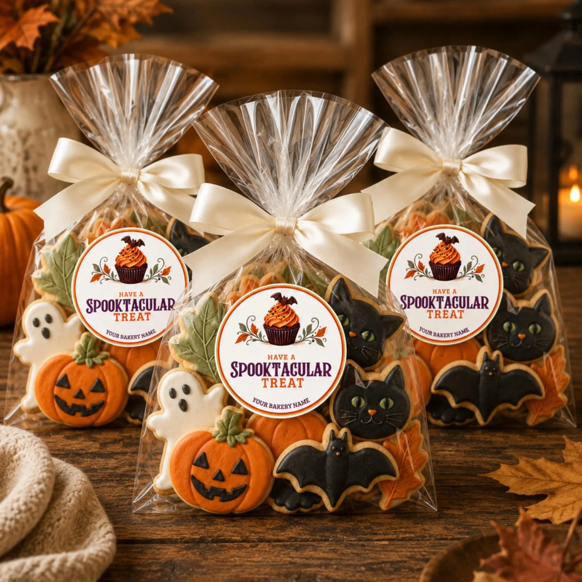 Three clear cellophane bags of Halloween-themed cookies tied with cream ribbons, displayed on a rustic wooden table. The bags contain orange pumpkin-shaped cookies, black cat-shaped cookies, and white ghost-shaped cookies.