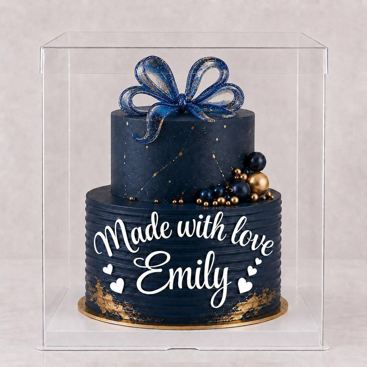 Made with Love Wedding Cake Box, Custom Name Anniversary Engagement Gift, Bridal Shower Display, Tall Clear 14x14x16 Cake Box with Ribbon
