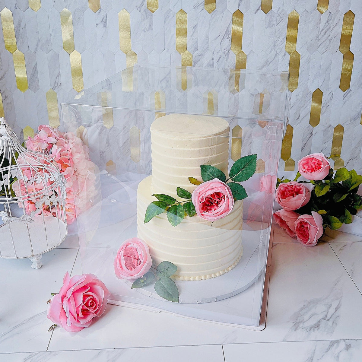 Made with Love Wedding Cake Box, Custom Name Anniversary Engagement Gift, Bridal Shower Display, Tall Clear 14x14x16 Cake Box with Ribbon