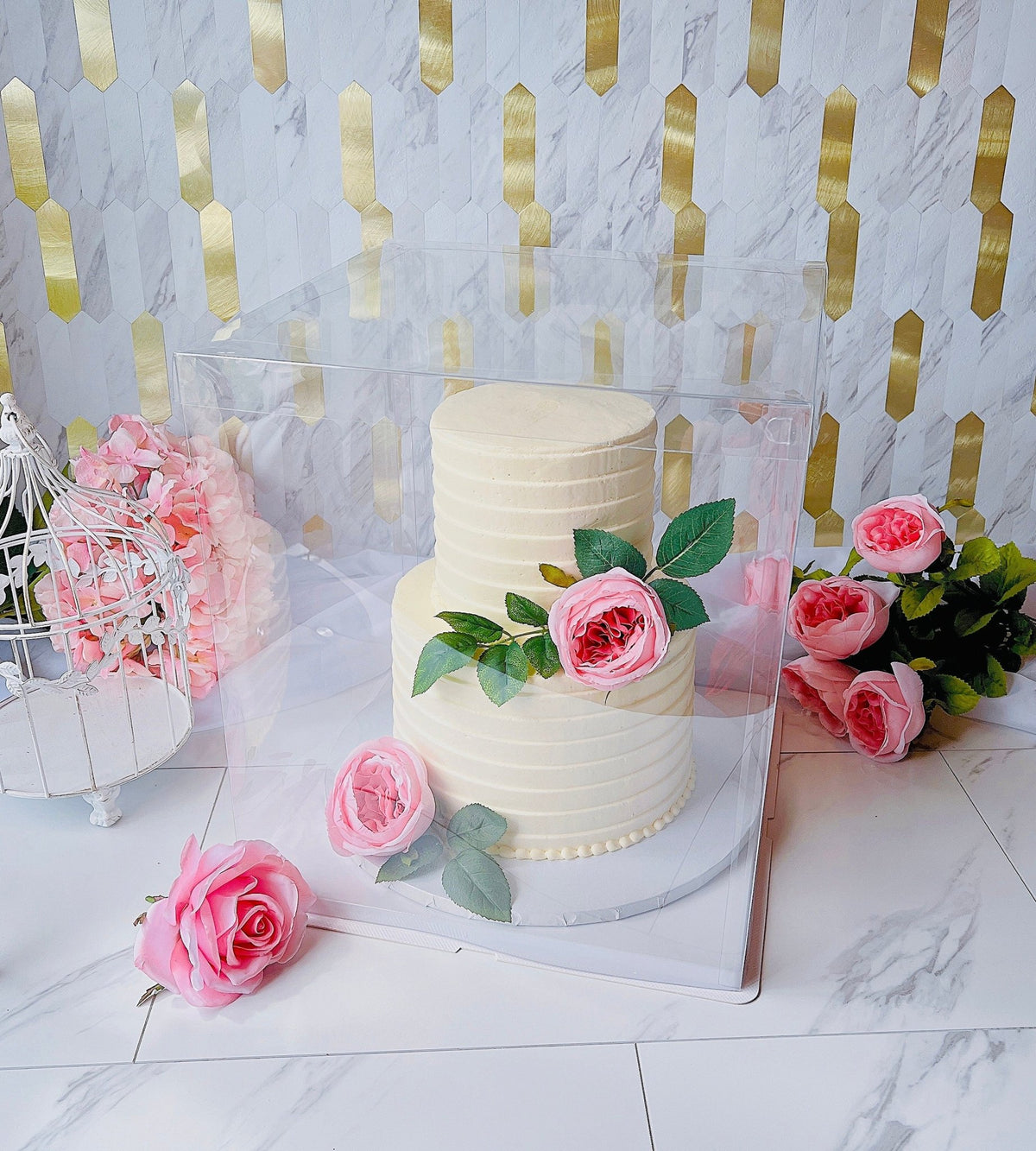 Made with Love Wedding Cake Box, Custom Name Anniversary Engagement Gift, Bridal Shower Display, Tall Clear 14x14x16 Cake Box with Ribbon
