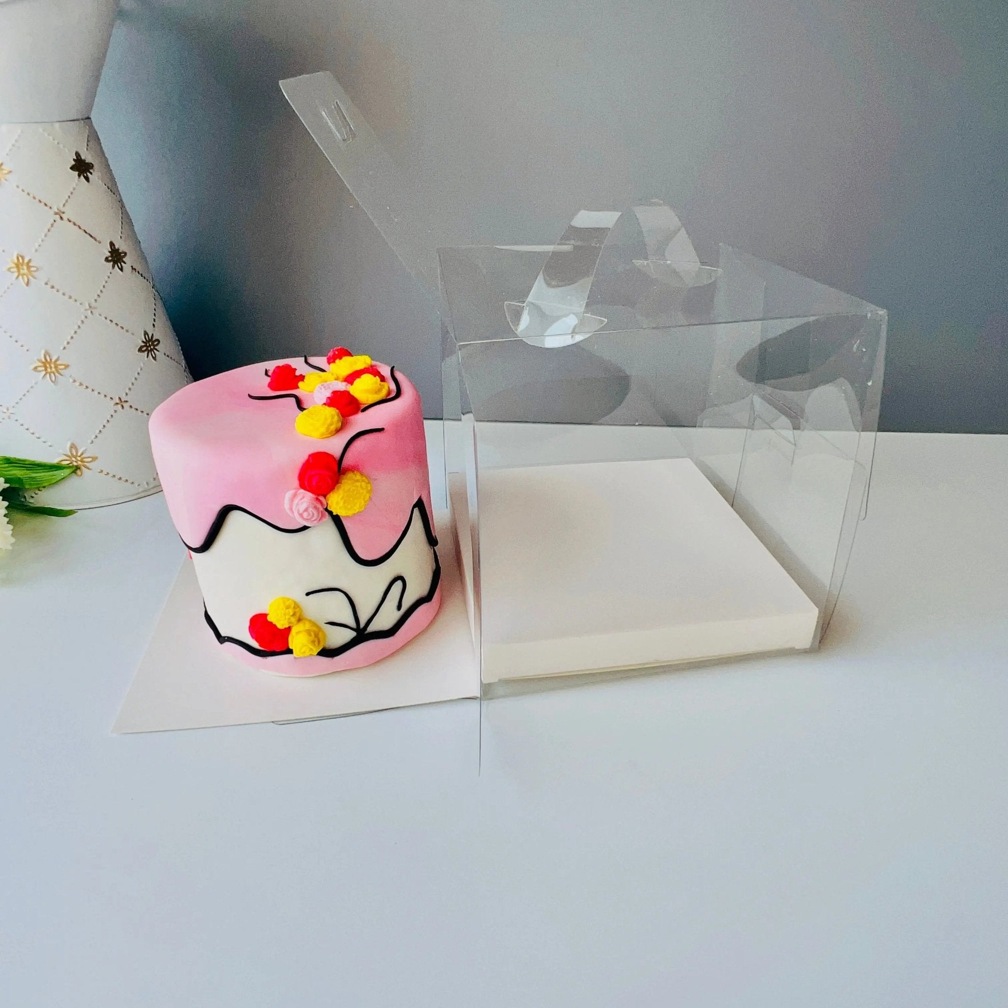 Small Clear Cake Desserts Boxes with Handle - Mini Cake Box 6" x 6" x 6" - Square Cake box