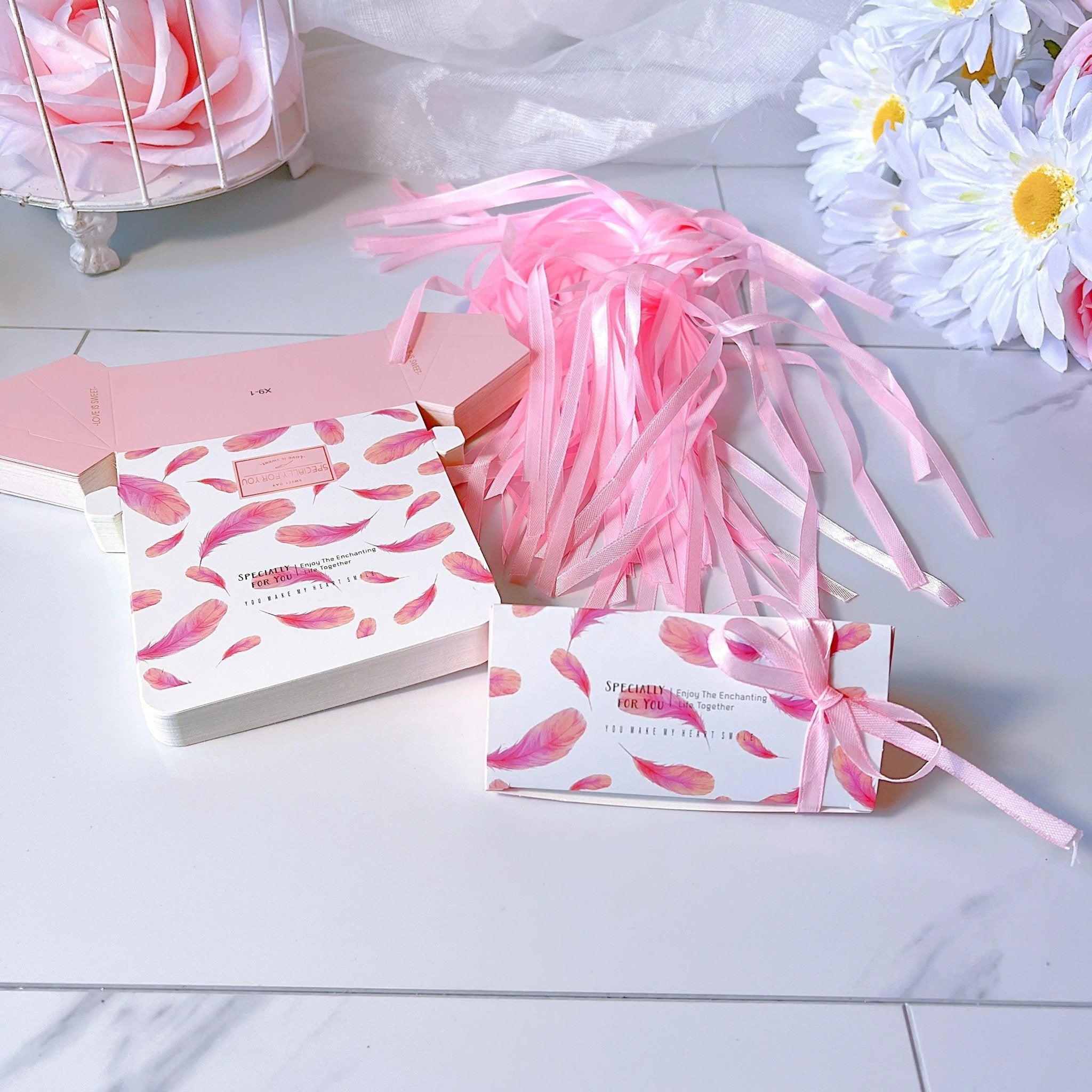 Triangle Wedding Favor Boxes with Ribbon 50 Pcs - Pink Feather Gift Boxes & Tins