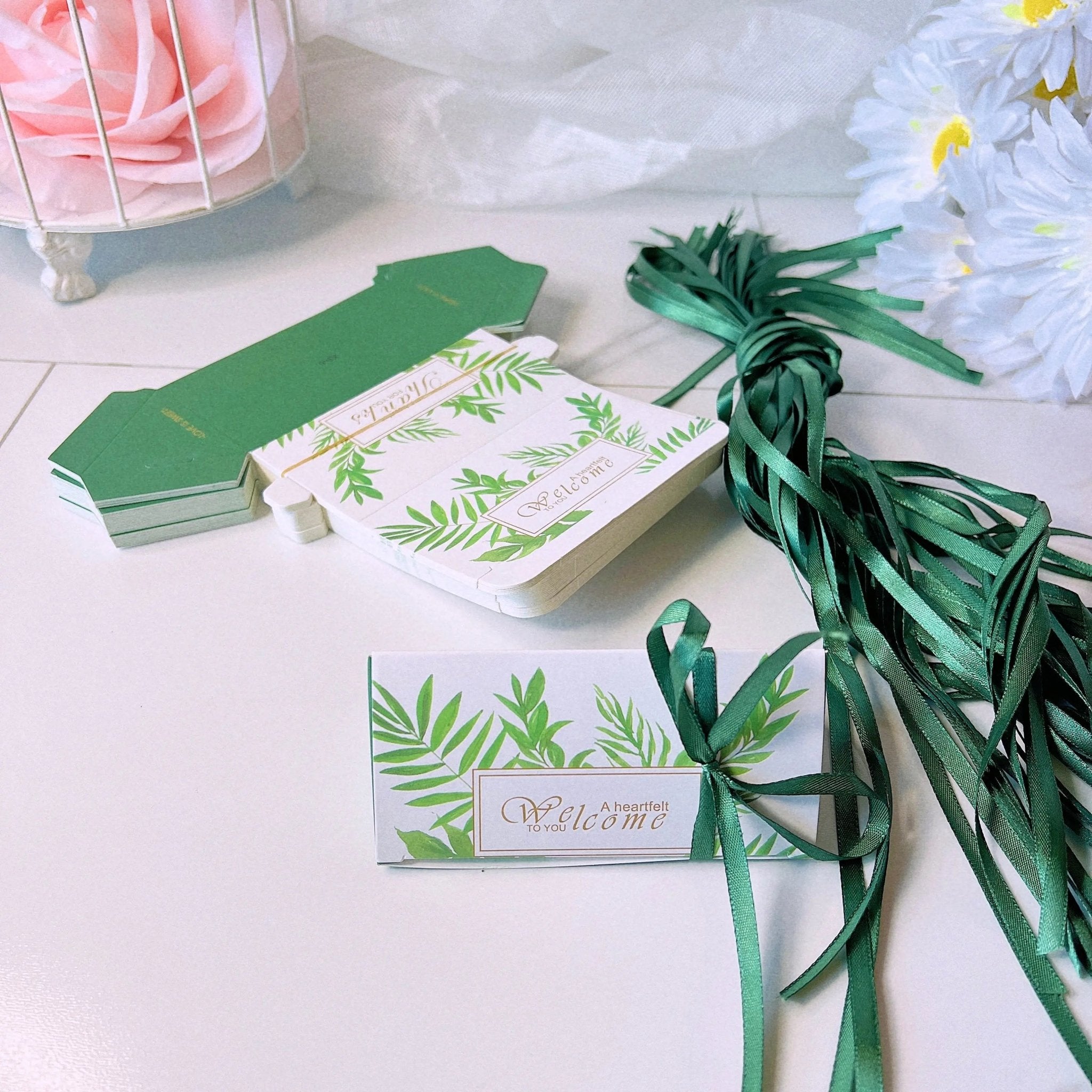 Triangle Wedding Favor Boxes with Ribbon 50 Pcs - Pink Feather Gift Boxes & Tins