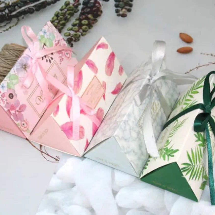 Triangle Wedding Favor Boxes with Ribbon 50 Pcs - Pink Feather Gift Boxes & Tins