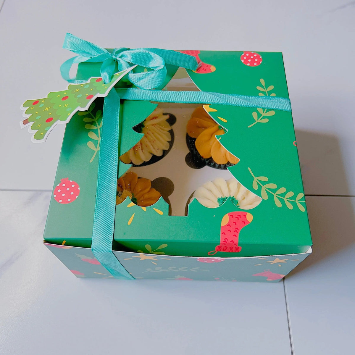 12 PCs Christmas Desserts Cupcake Gift Boxes with Christmas Tags and Ribbons
