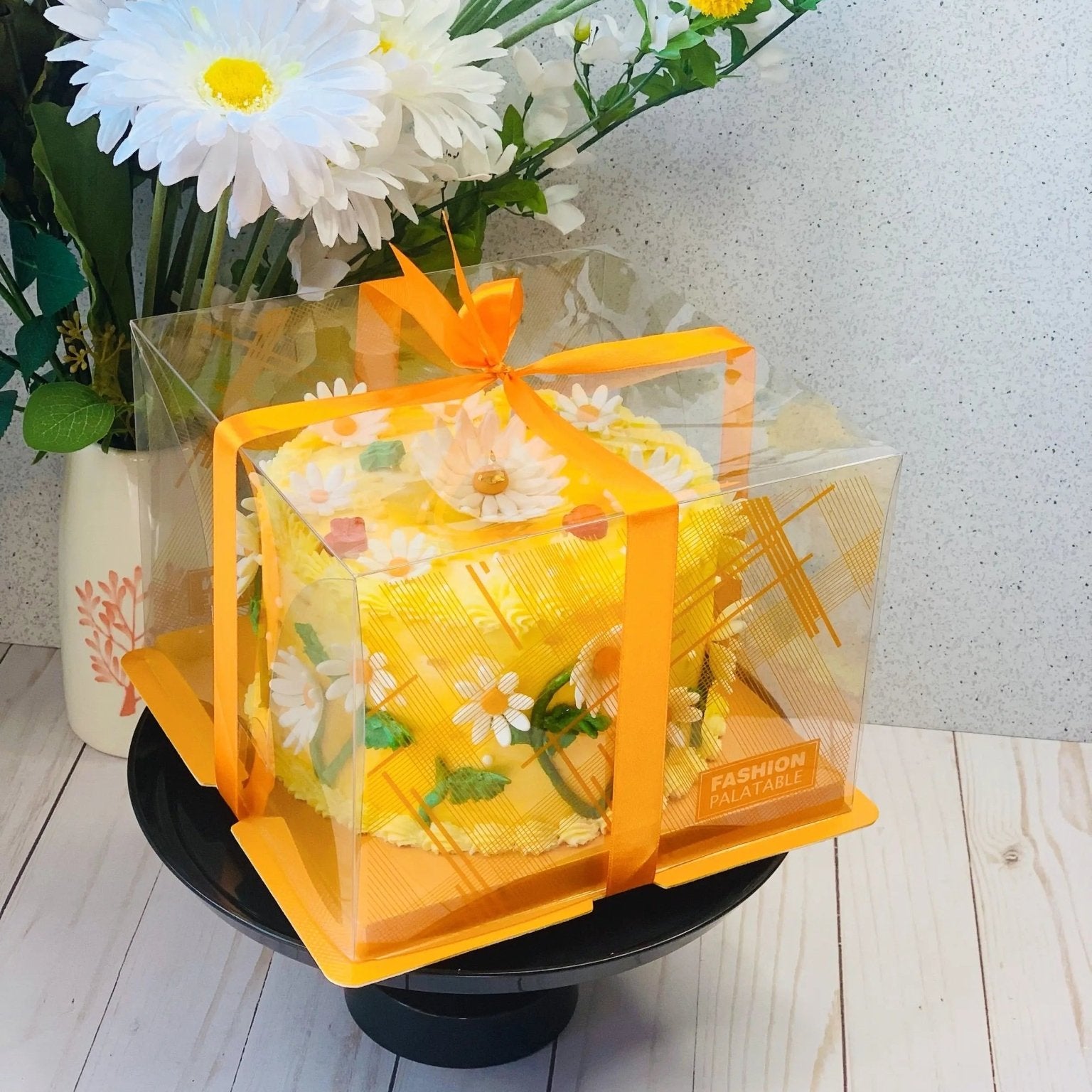 orange 8 Inch Square Clear Cake Box