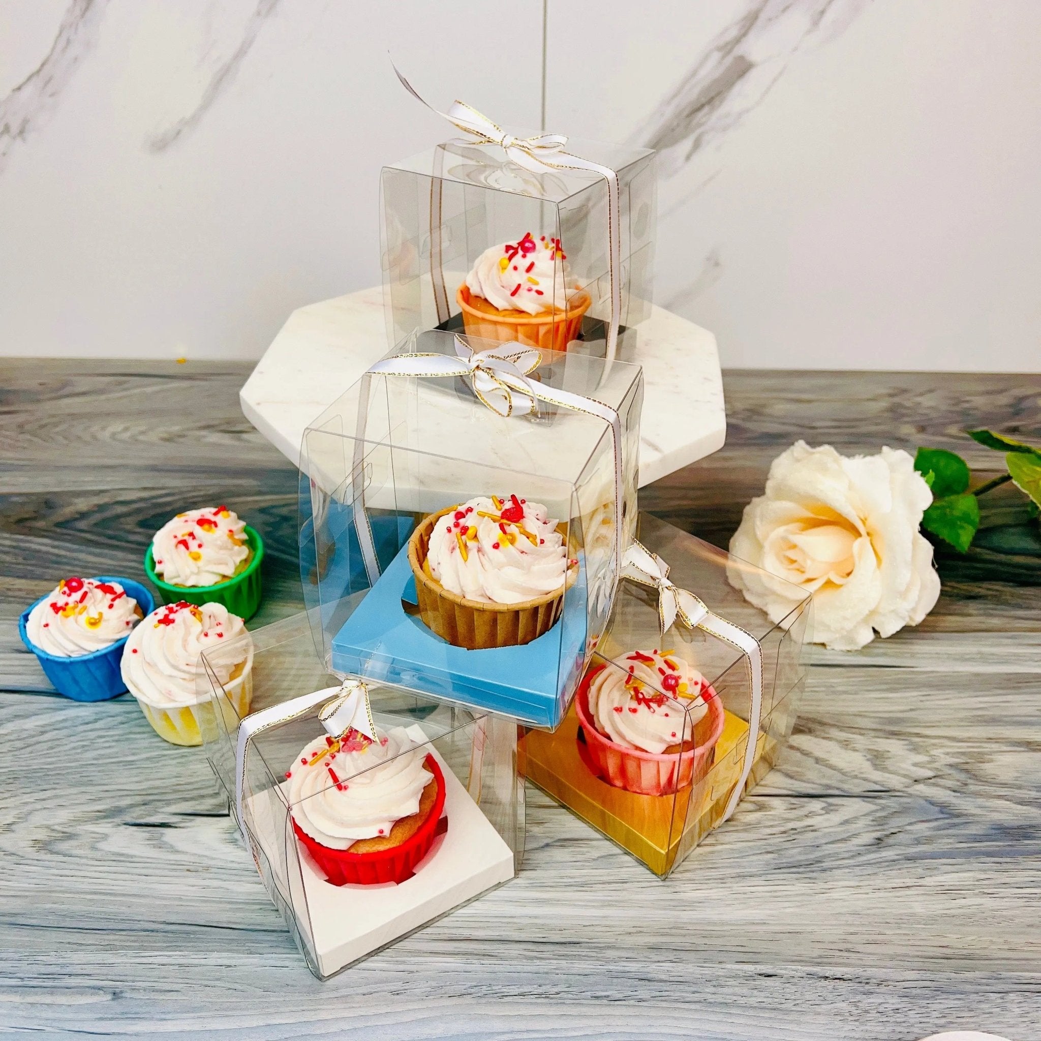 Individual Clear Cupcake Boxes With Ribbon 20 Sets - cupcakew1 Cupcake boxes