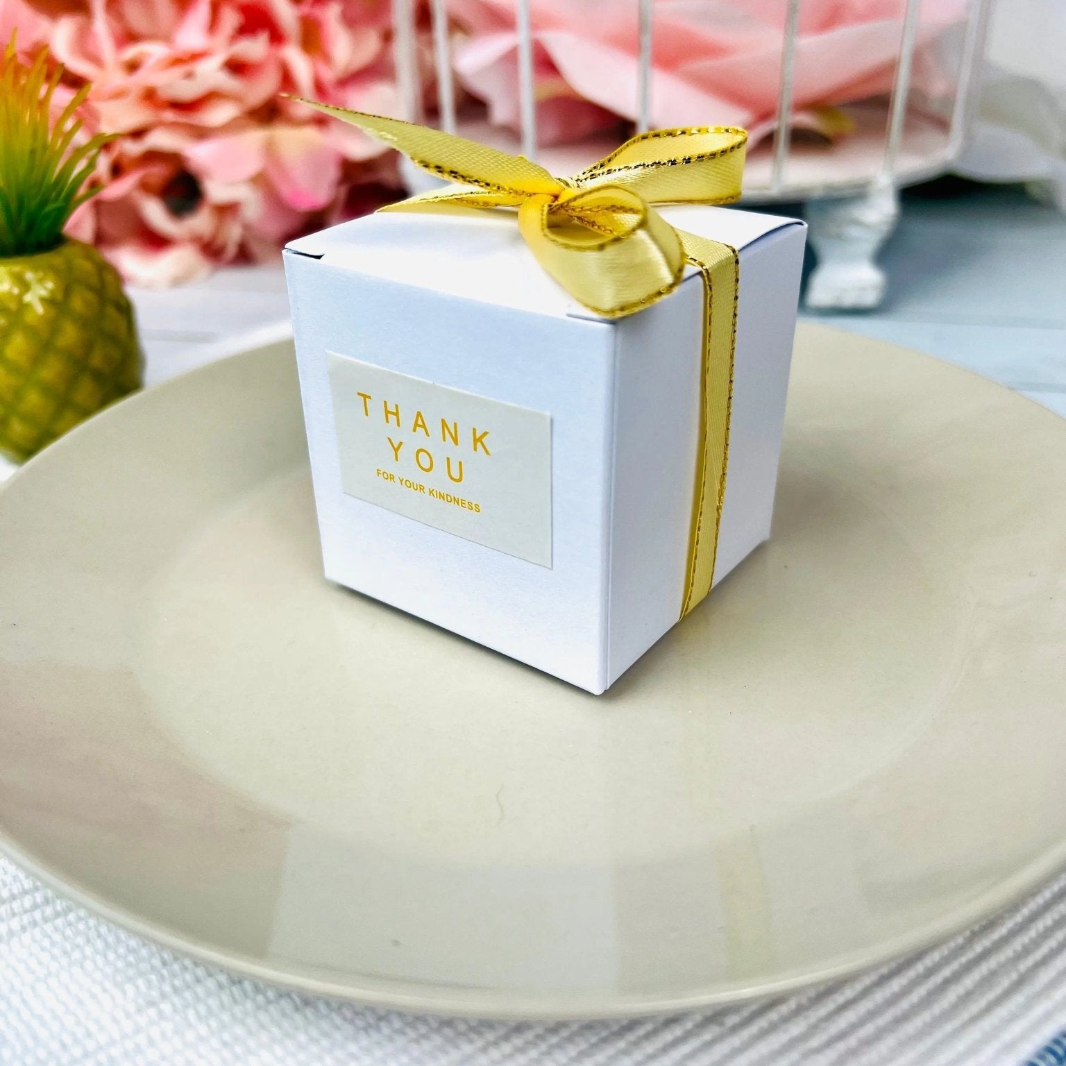 Small Square White Wedding Favor Boxes With Ribbon and Thank You Stickers 50 Pcs - Gift Boxes & Tins