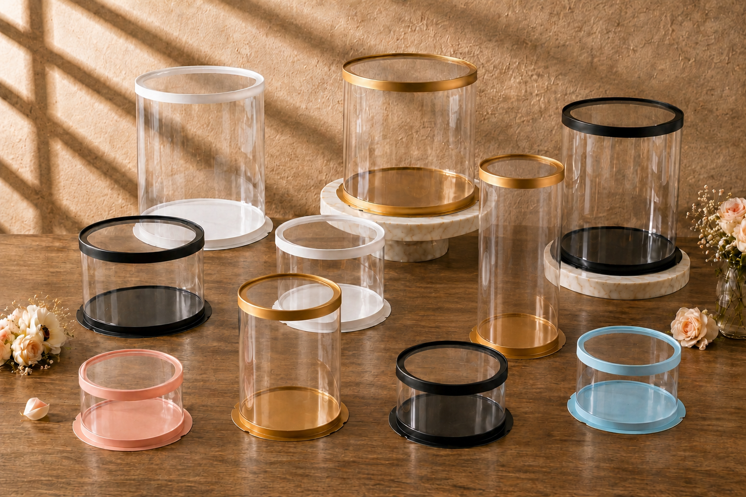 Collection of tall round clear cake boxes with gold, black, white, pink, and blue lids and matching bases in a warm bakery display.