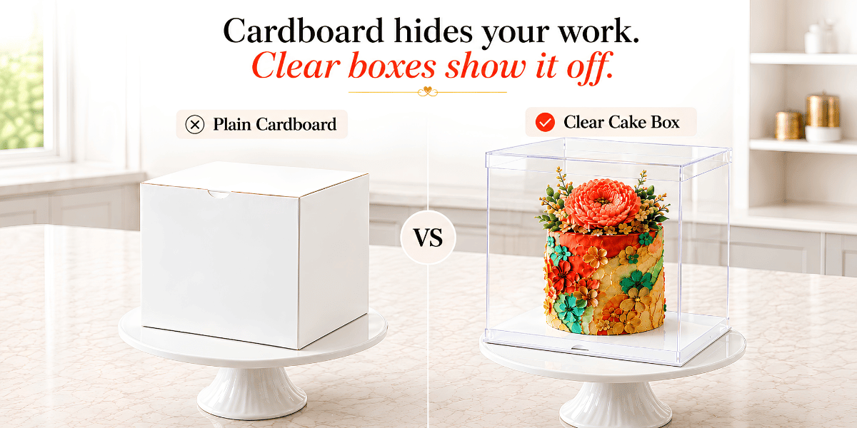 Plain cardboard box compared with a clear cake box displaying a colorful floral cake.
