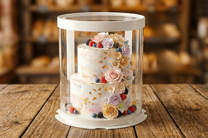 Round clear cake boxes with lids in multiple sizes from Sweet Degrees Kitchen