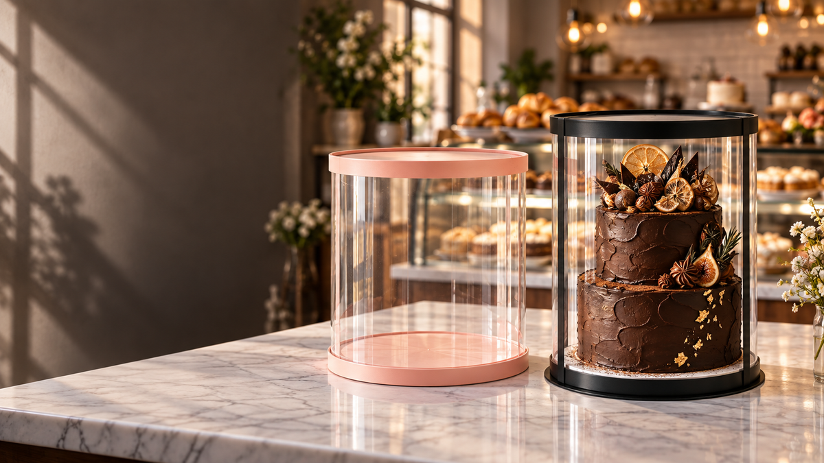 A clear cylindrical cake display case with a pink lid sits on a marble counter beside another closed case containing a chocolate cake. The scene is set in a bakery with warm lighting and blurred background details.