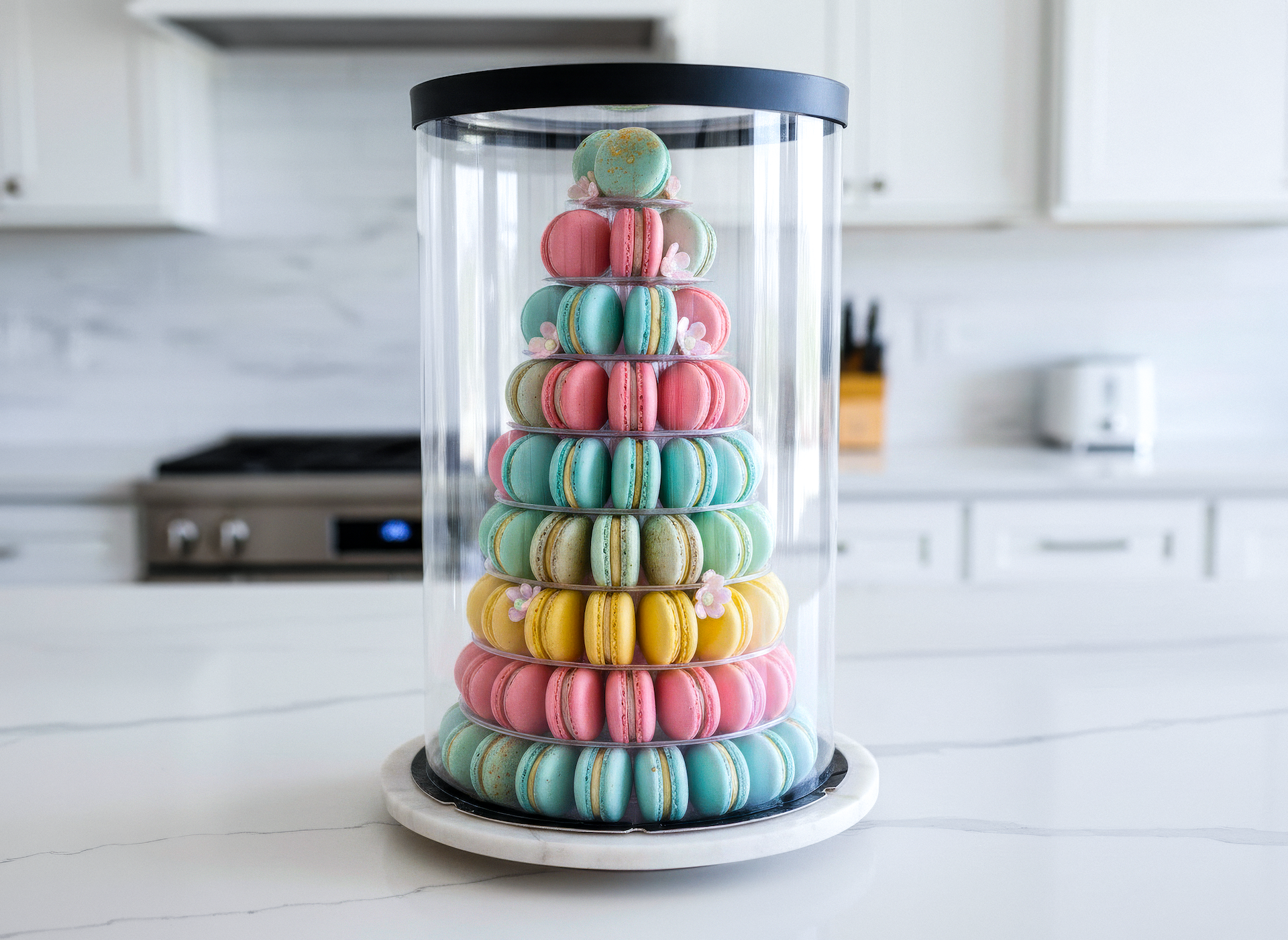 Stack of colorful macarons in a transparent container on a kitchen counter.