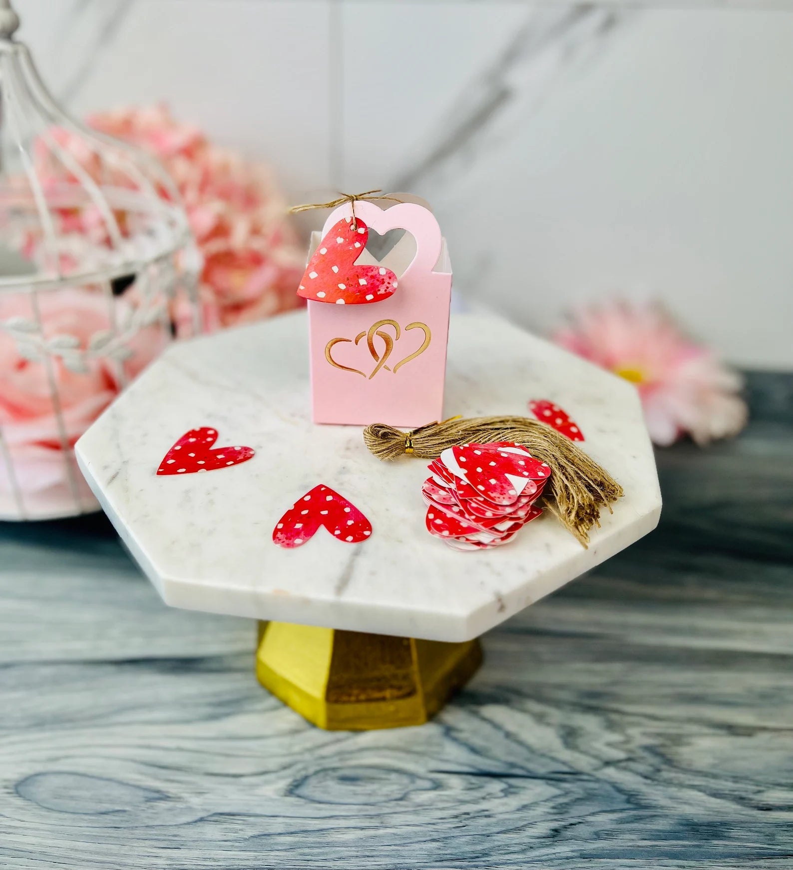 50 PCs Pink Double Hearts Favor Boxes With Tags - 