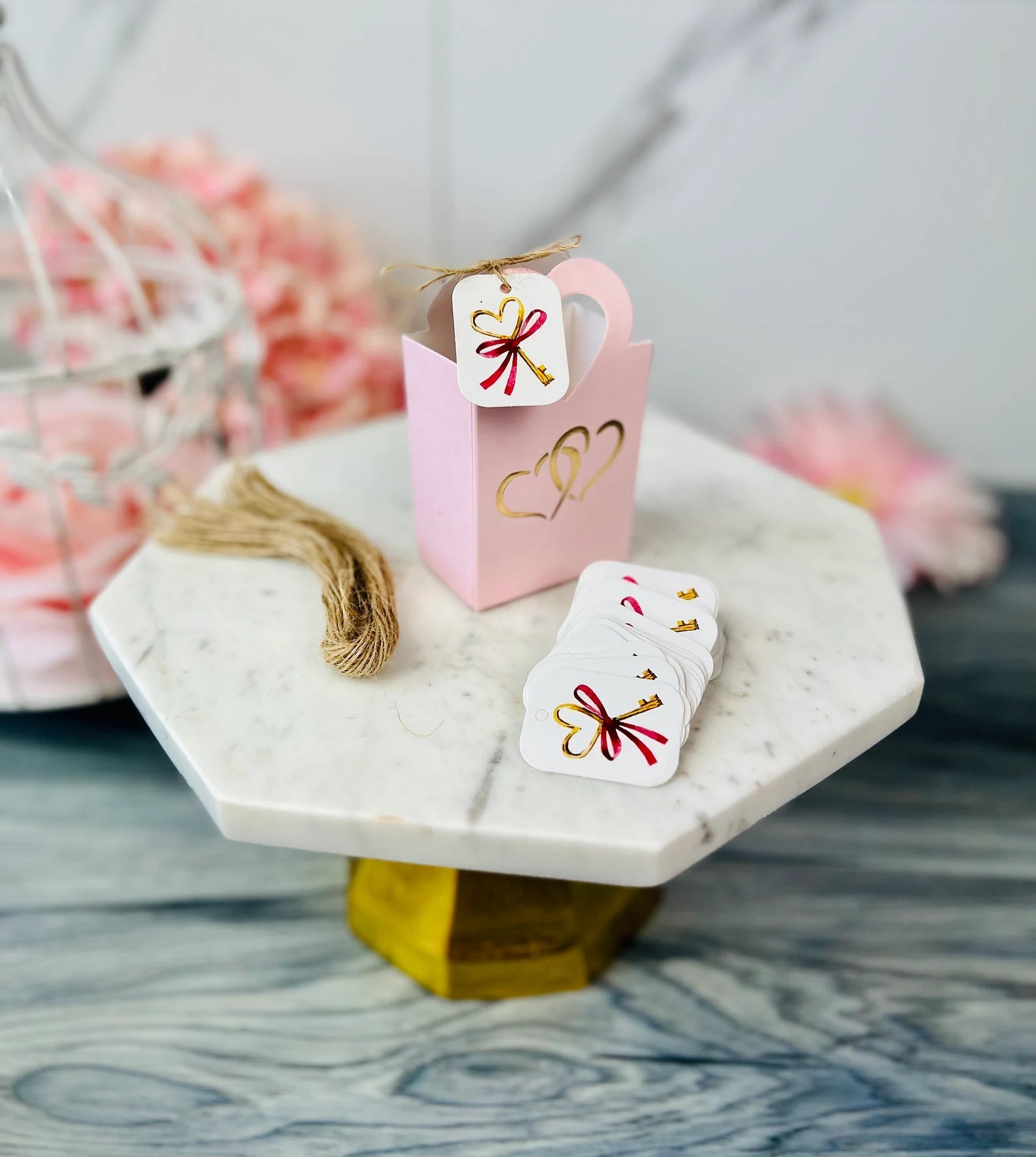 50 PCs Pink Double Hearts Favor Boxes With Tags - 