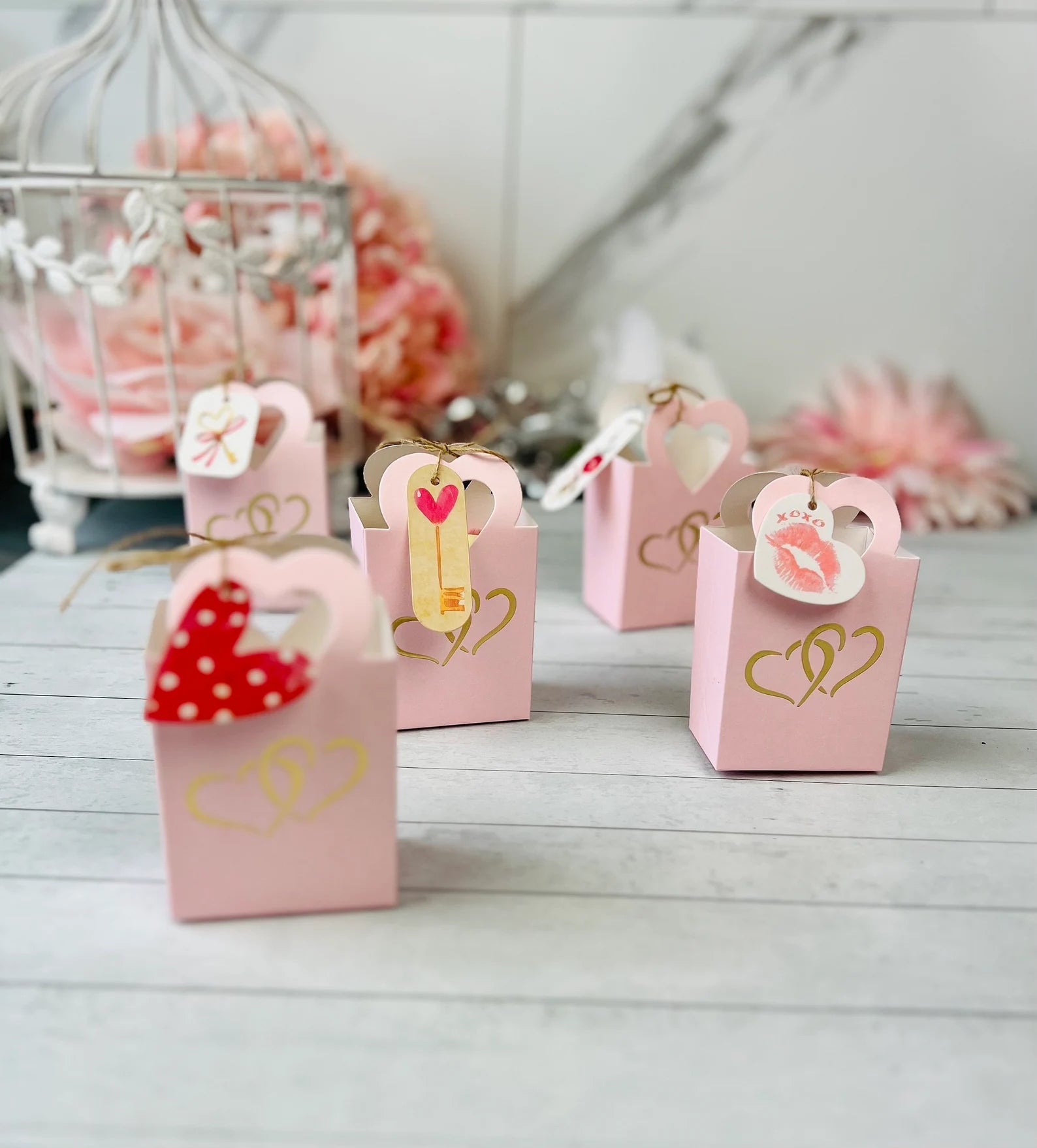 50 PCs Pink Double Hearts Favor Boxes With Tags - 