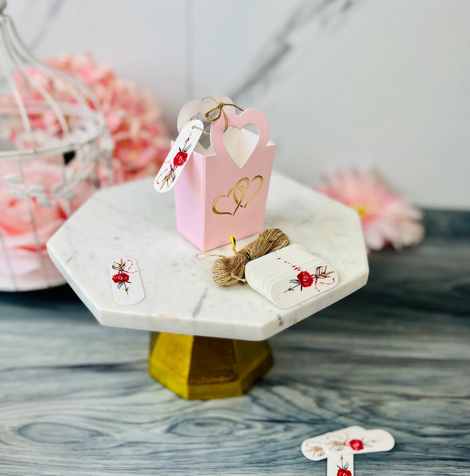 50 PCs Pink Double Hearts Favor Boxes With Tags - 